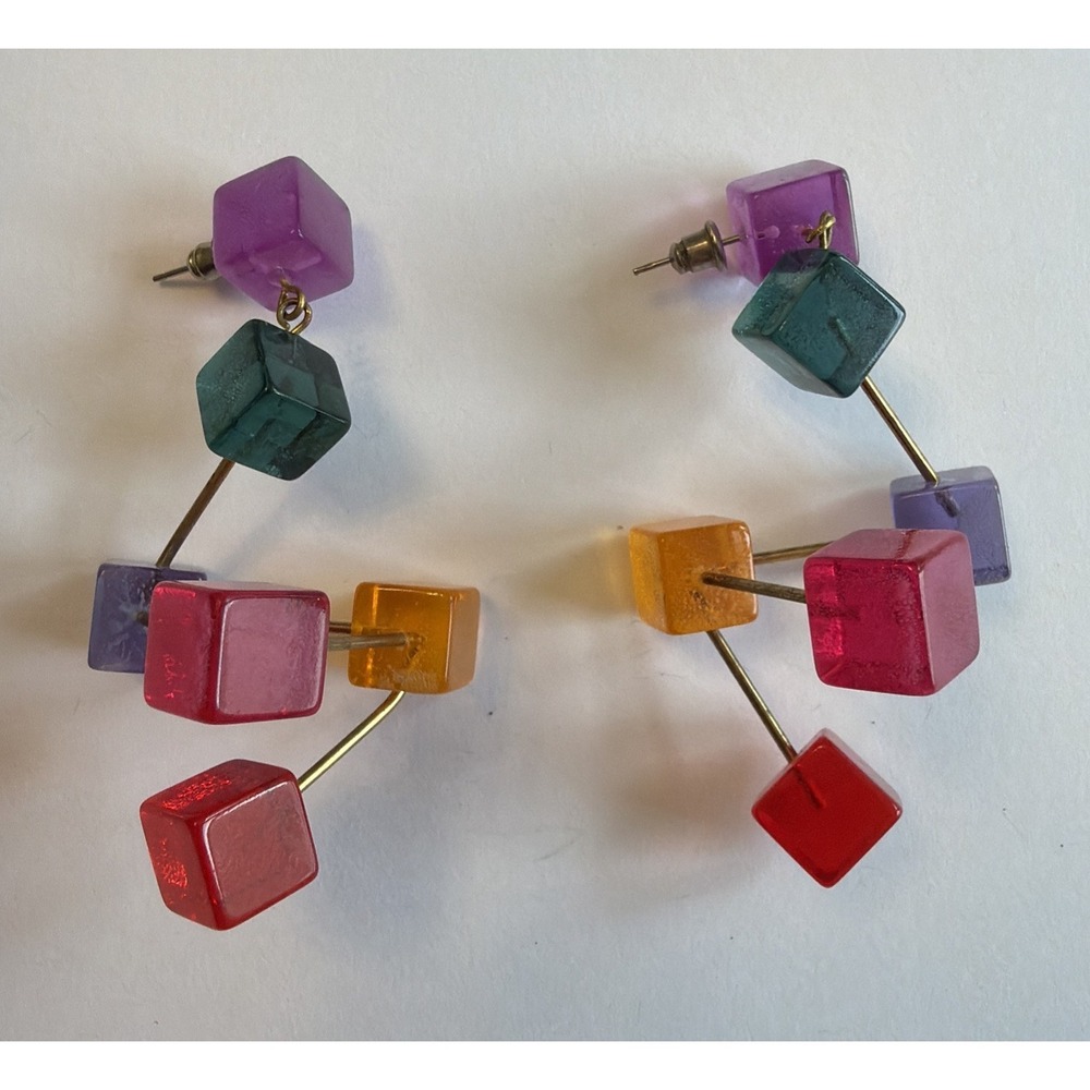 Vintage Retro 70s Lucite Cube Kinetic Sculpture Art Dangle Earrings 2.75" - Picture 2 of 3